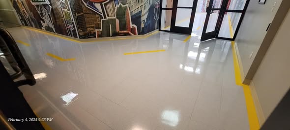 Bulldog Carpet Cleaning service van on-site at commercial vinyl floor cleaning job in Quinlan, TX